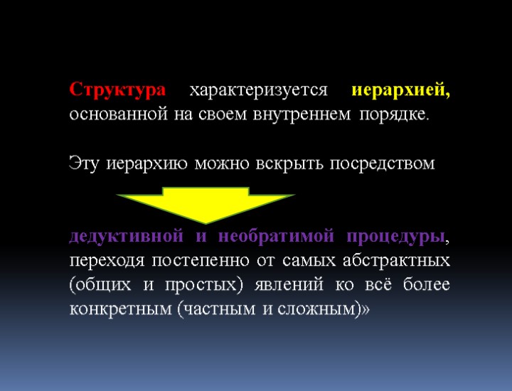 Структура характеризуется иерархией, основанной на своем внутреннем порядке. Эту иерархию можно вскрыть посредством дедуктивной